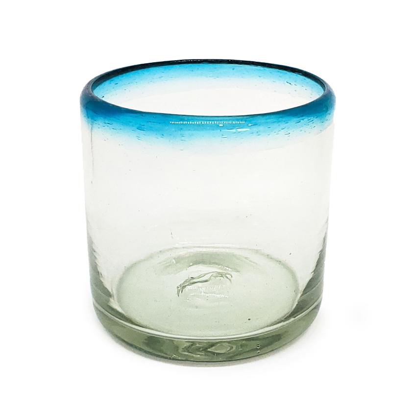 Wholesale Colored Rim Glassware / Aqua Blue Rim 8 oz DOF Rock Glasses  / These glasses are just the right size to enjoy fresh squeezed fruit juice in the moning.